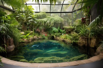 exotic pet habitat with tropical plants and swimming pool for water-loving pets, created with generative ai
