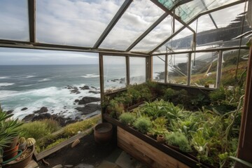 greenhouse with view of the ocean, waves crashing against the shore, created with generative ai