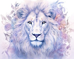 dreamlike watercolor lion print where the lion appears almost mystical. soft, pastel colors like lavender, blush pink, and pale blue to create a serene and otherworldly atmosphere. Generative AI