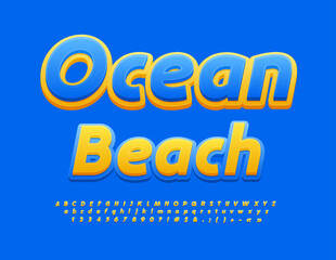 Vector bright banner Ocean Beach with Blue and Yellow Font. Modern Alphabet Letters, Numbers and Symbols set