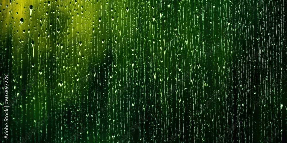 Poster a window with a green and yellow backdrop and rain droplets on the pane. generative ai