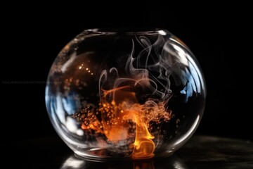 close-up of crystal ball with smoke and fire rising from the surface, created with generative ai