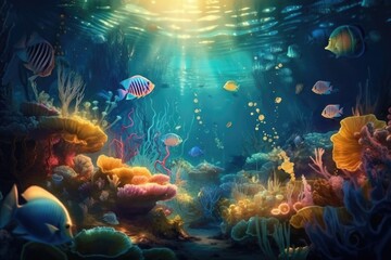 mystical underwater world, filled with glowing schools of fish and other deep-sea creatures, created with generative ai