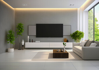 Tv mockup in modern living room. Empty screen. Copy space. Generative Ai illustration