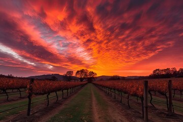 Fototapeta premium vineyard sunset, with vibrant orange and pink hues in the sky, created with generative ai