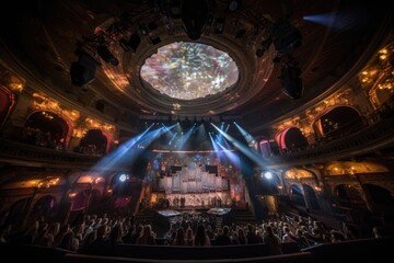 concert venue with images of past performers projected onto the stage and crowd, created with generative ai