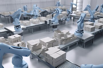 Fototapeta na wymiar packaging and sorting robots working together to swiftly and efficiently sort large quantities of packages, created with generative ai