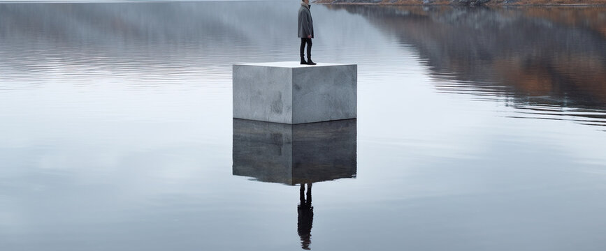 Silhouette of a man standing on the edge of a lake Generative AI