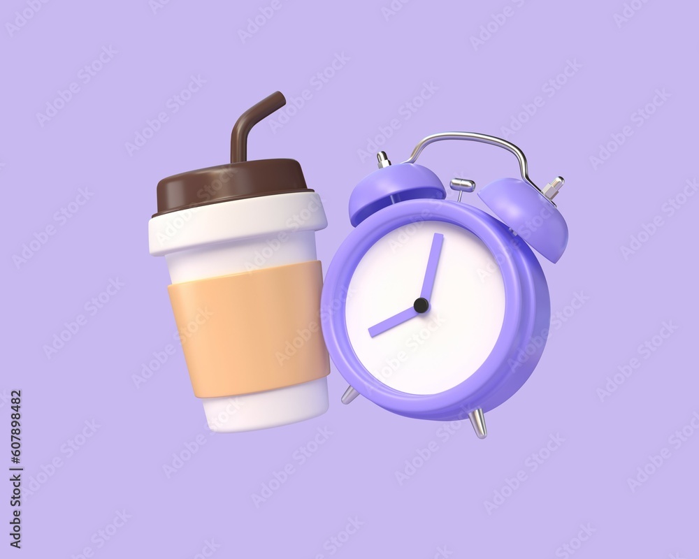 Wall mural 3d cartoon alarm clock and coffee cup. good morning concept. dinner time. coffee break in the office