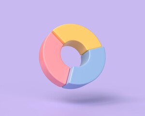 3d pie chart icon with three sectors in cartoon style. illustration isolated on purple background. 3d rendering