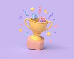 3d trophy or champion cup with gift boxes inside and confetti. victory celebration concept. 3d rendering illustration on a purple background.