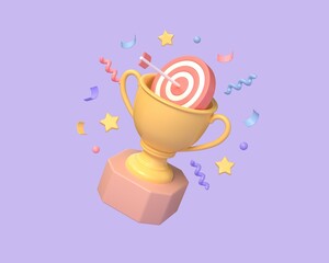 Champion trophy, golden goblet and an arrow hitting the target. Realistic 3D design of Winner prize, sports award, success concept in minimalistic cartoon style. 3d rendering