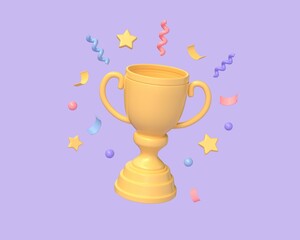 Cartoon winners trophy, champion cup with falling confetti on purple background. 3D rendering