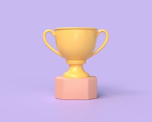 3d icon of golden trophy or winner cup in cartoon style. illustration isolated on purple background. 3d rendering