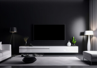 Tv mockup in modern living room. Empty screen. Copy space. Generative Ai illustration