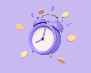 3d clock with coins, invest money to grow in time concept. Business investment, income and financial savings 3d, fast money, fast credit. 3D rendering illustration on purple background