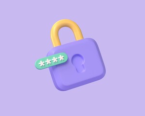 3D locked padlock with password. Golden padlock and PIN entry. Security and safety. Cyber ​​privacy concept. illustration on purple background. 3d rendering