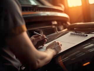 Mechanic making notes in his check list at garage