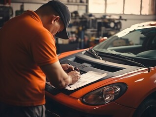 Mechanic making notes in his check list on orange car at garage, wearing cap, orange t-shirt