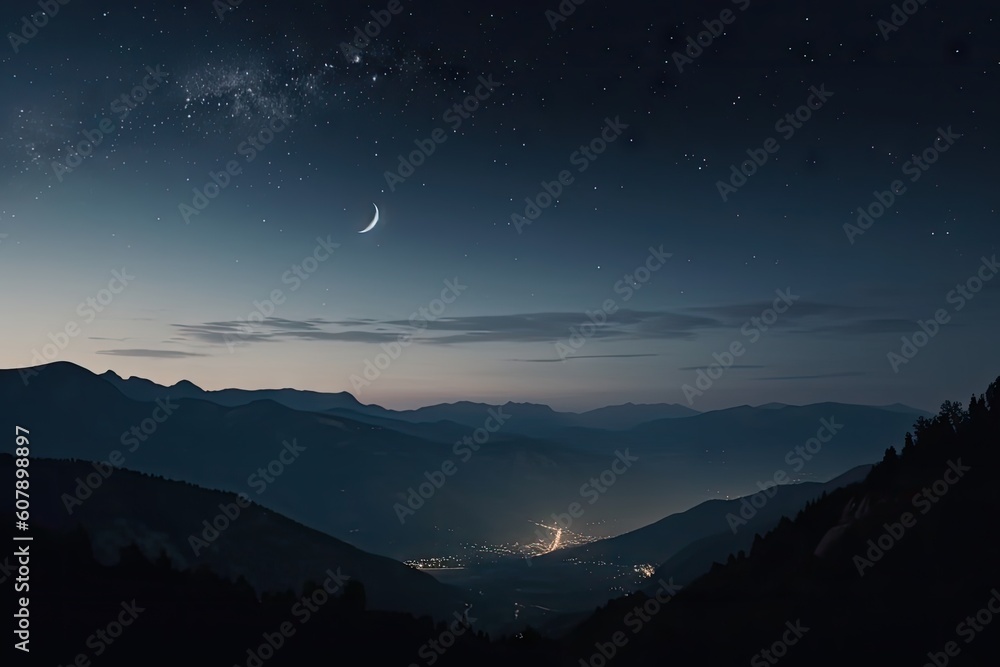 Canvas Prints night sky with stars and crescent moon over mountain range, created with generative ai