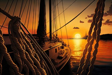 sunset sailboat docked with sails furled and mooring lines secured, created with generative ai
