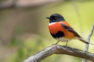 male redstart bird perching on tree branch, with its bright red feathers in full view, created with generative ai