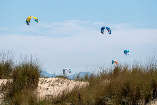 Personas volando cometas en una playa
