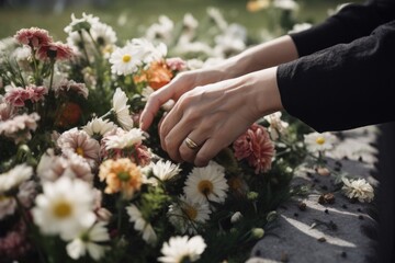 Obraz na płótnie Canvas close-up of a person's hand, placing fresh flowers on the grave, created with generative ai