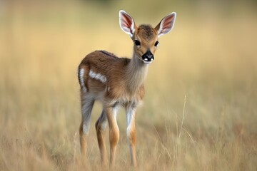 Fototapeta premium baby antelope standing on wobbly legs in the open plains, created with generative ai