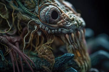 close-up of alien organism, with its complex and mysterious anatomy visible, created with generative ai