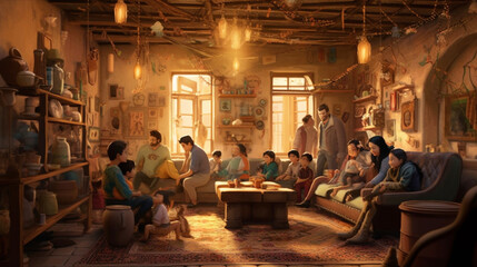 A cozy and beautifully decorated living room, with a Muslim family gathered around a fireplace, engrossed in storytelling and sharing heartfelt moments Generative AI