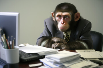 Monkey wearing suit in office , Businessman monkey sitting at office , Generative Ai
