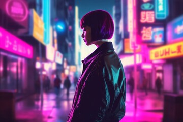 Concept art illustration of cyberpunk woman in a neon lights city street, Generative AI