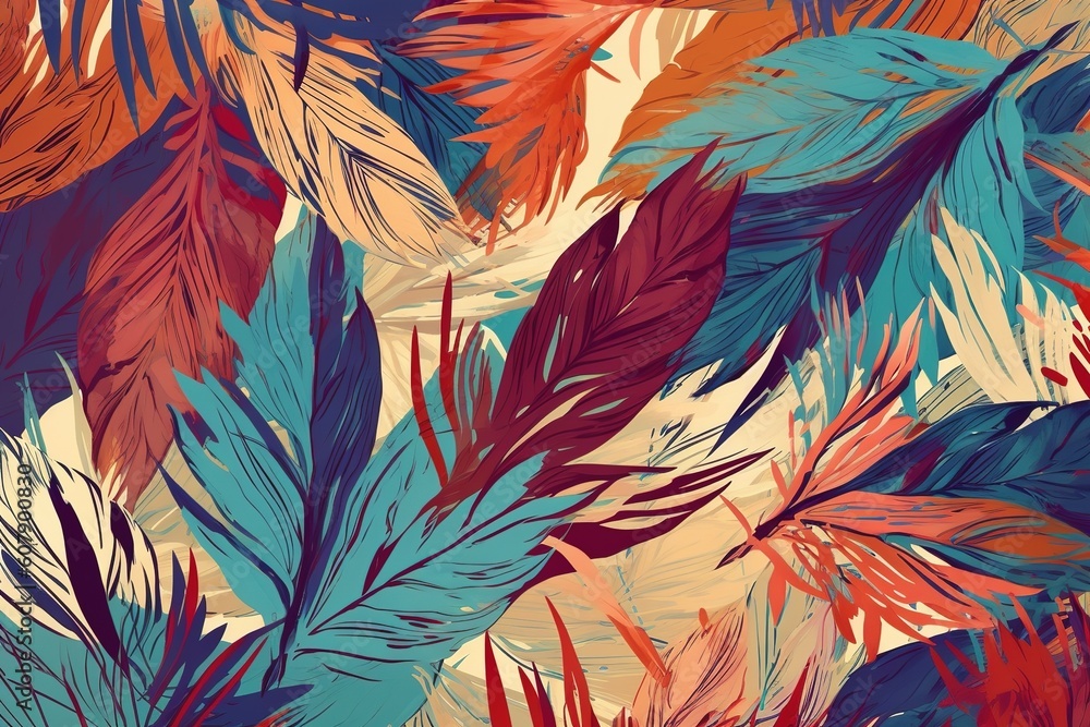 Poster a smattering of brightly colored feathers set on a white backdrop generative ai