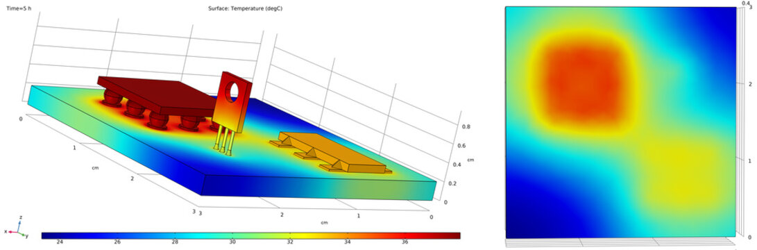Computer 3d modeling of the temperature 
distribution on the surface
of the printed circuit board, its components (transistor,  bga microcontroller, integrated circuit). The reverse side of the pcb.