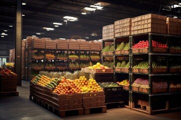 A commercial warehouse full of boxes with several fresh organic fruits Generative AI Illustration