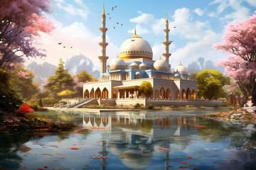 Obraz premium A serene scene of a traditional Islamic mosque reflecting in a calm lake, surrounded by vibrant trees and flowers Generative AI