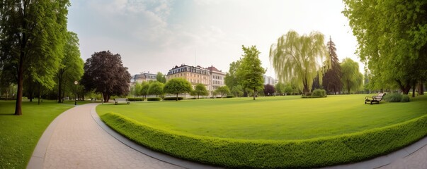 Panorama of a beautiful city park, Generative AI