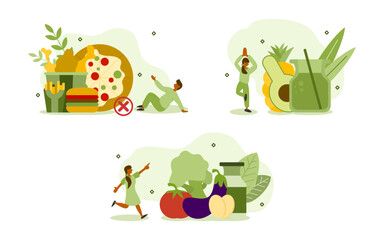 healthy nutrition illustration set. characters rejected fast food and eaten fresh vegetables with eggs and milks or vegetable juice. balanced eating with diet concept. vector illustration.