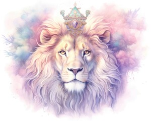 dreamlike watercolor lion print where the lion appears almost mystical. soft, pastel colors like lavender, blush pink, and pale blue to create a serene and otherworldly atmosphere - obrazy, fototapety, plakaty