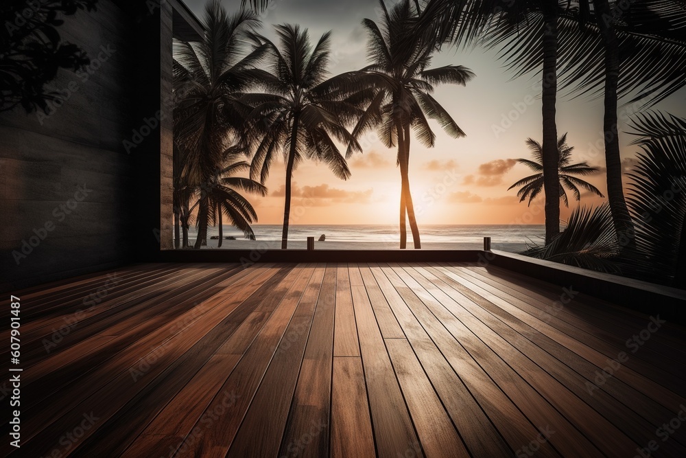 Poster a room with a balcony that overlooks the beach and the palm trees generative ai