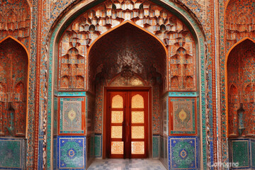 Fototapeta premium An exquisite illustration of a mihrab, decorated with intricate patterns and adorned with vibrant colors Generative AI