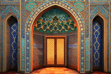 An exquisite illustration of a mihrab, decorated with intricate patterns and adorned with vibrant colors Generative AI