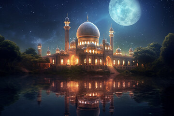 Obraz premium An enchanting night scene with a mosque illuminated by soft moonlight, surrounded by stars Generative AI