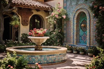 Fototapeta na wymiar A serene garden courtyard with colorful mosaics, blooming flowers, and a tranquil water fountain Generative AI