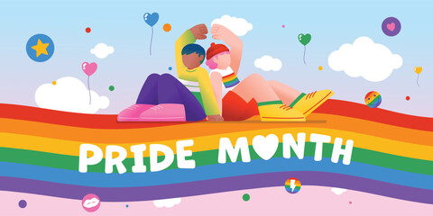 LGBTQ+ Lover Couple Show Love Hand Gesture Over Rainbow Flag, Vector, Illustration