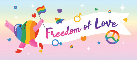 Rainbow Heart Character Run With Flag And White Cape With Freedom Of Love Text, Vector, Illustration