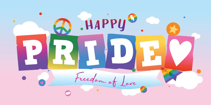 Clebrate Pride Month Poster Banner With Colorful Heart, Letter On Rainbow Text Frame And Elements, Vector, Illustration