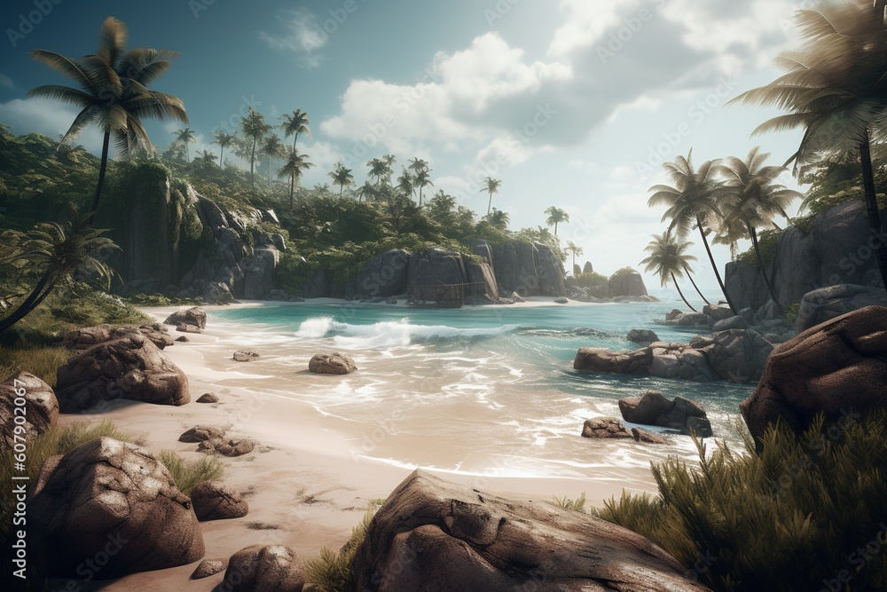 Poster a picture depicting palm palms on a beach in a tropical setting generative ai