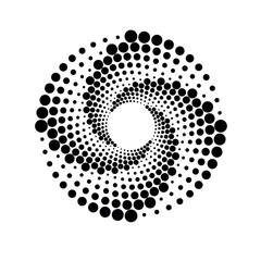 Halftone in the form of a circle, with the effect of rotation. Spherical design element consisting of dots of different sizes, vector. Vector texture template, with sound vibration effect. 